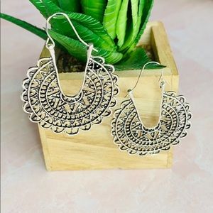 NEW Boutique Silver Boho Fan Half Circle Statement Earrings